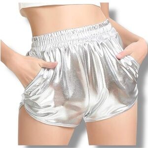 Pumpkino Shiny Silver Retro Inspired Elastic Waist Front Pockets Shorty Shorts